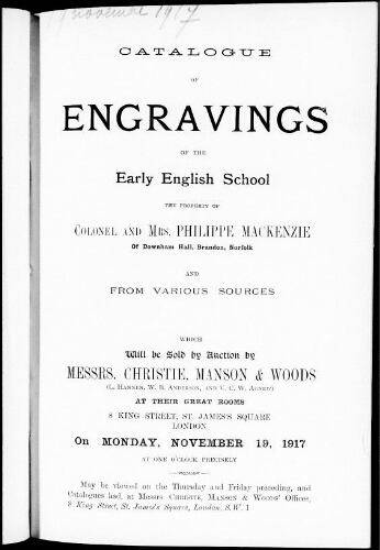 Catalogue of engravings of the early English school […] : [vente du 19 novembre 1917]