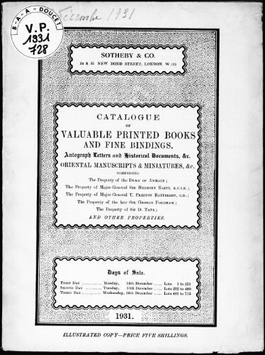 Catalogue of valuable printed books and fine bindings, […] comprising the property of the Duke of Anhalt : [vente du 14 au 16 décembre 1931]