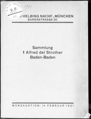 Sammlung Alfred del Strother Baden-Baden [...] : [vente du 14 février 1921]