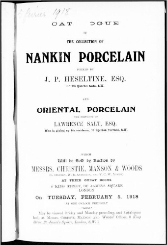 Catalogue of the collection of Nankin porcelain […] : [vente du 5 février 1918]