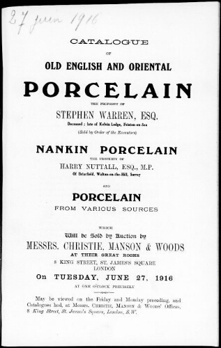 Catalogue of old English and oriental porcelain [...] : [vente du 27 juin 1916]