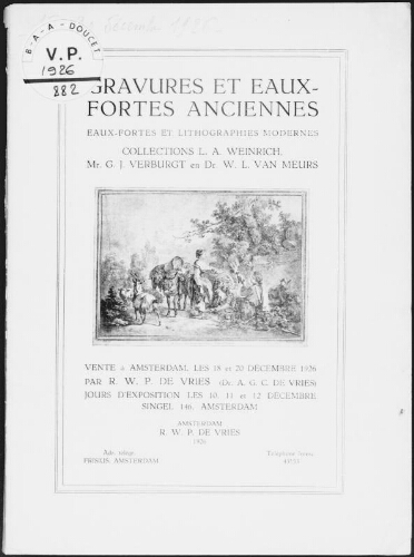 Gravures et eaux-fortes anciennes [...], collections L. A. Weinrich, Mr. G. J. Verburgt et Dr. W. L. Van Meurs : [vente du 18 et 20 décembre 1926]