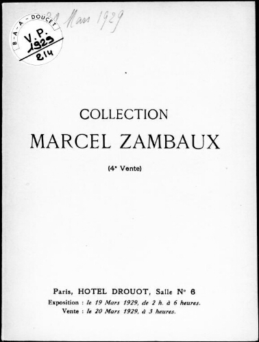 Collection Marcel Zambaux (4e vente) : [vente du 20 mars 1929]