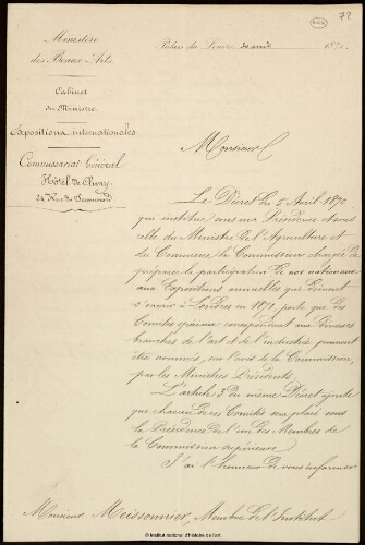 Lettre du Ministre des Beaux-Arts à Jean-Louis-Ernest Meissonier, 30 avril 1870