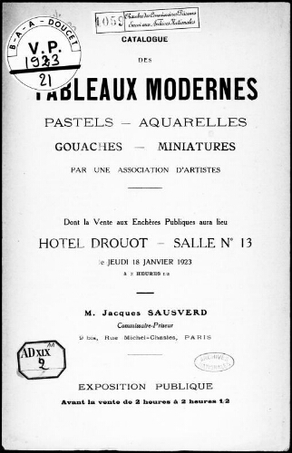 Catalogue des tableaux modernes, pastels, aquarelles, gouaches, miniatures, par une association d'artistes [...] : [vente du 18 janvier 1923]