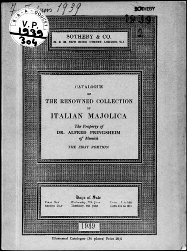 Pringsheim collection ; Catalogue of the renowned collection of superb Italian majolica […] : [vente du 7 juin 1939]
