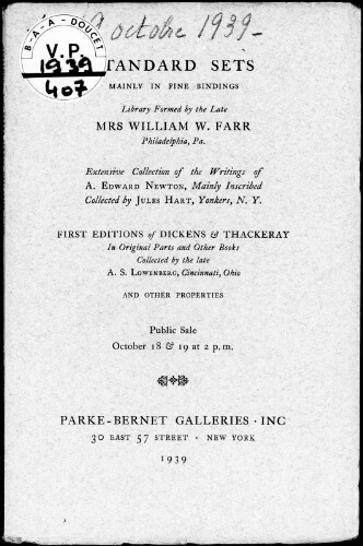 Standard sets, mainly in fine bindings : [vente des 18 et 19 octobre 1939]