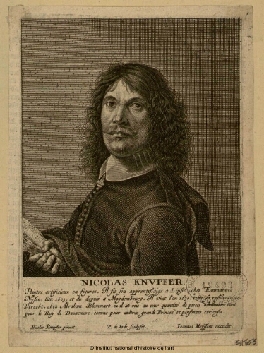 Nicolas Knupfer, peintre artificieux en figures, il fit son apprentissaige a Lipsic chez Emmanuel Nysen [...]