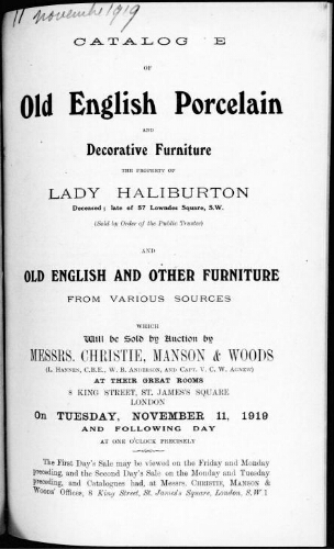Catalogue of old english porcelain and decorative furniture the property of Lady Haliburton [...] : [vente des 11 et 12 novembre 1919]