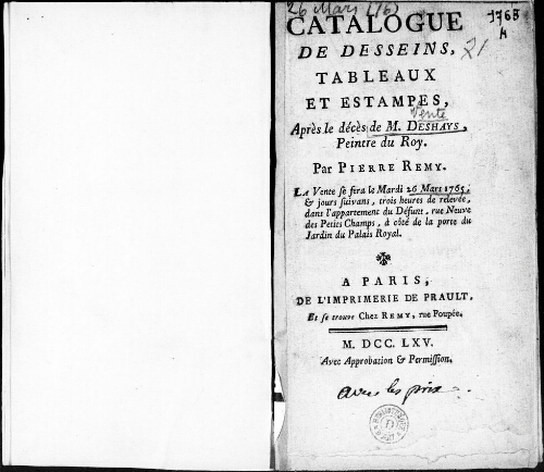 Catalogue de dessins, tableaux, et estampes après le décès de M. Deshays [...] : [vente du 26 mars 1765]