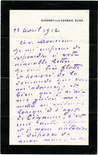 Lettre de Claude Monet à Joachim Gasquet, 11 avril 1912
