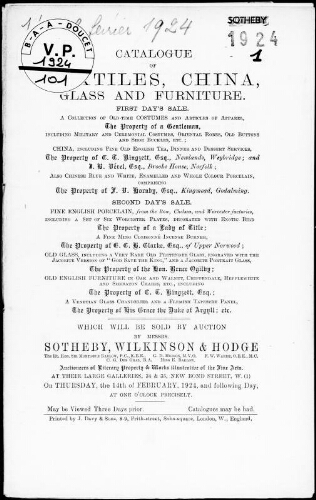 Catalogue of textiles, China, glass and furniture [...] : [vente des 14 et 15 février 1924]