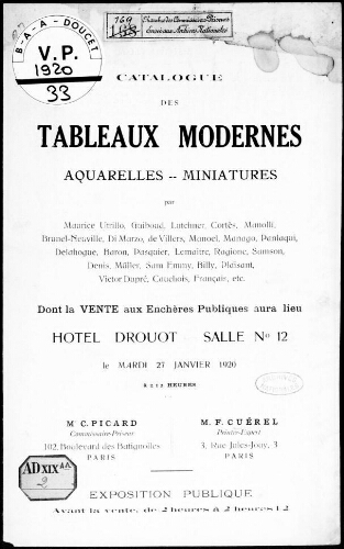 Catalogue des tableaux modernes, aquarelles, miniatures [...] : [vente du 27 janvier 1920]