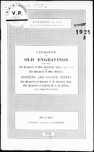 Catalogue of old engravings, including the property of Eric Teichman [...] : [vente du 4 décembre 1928]
