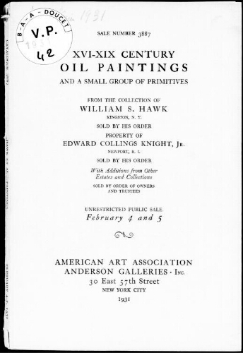 XVI-XIX century oil paintings and a small group of primitives, from the collection of William S. Hawk [...] : [vente des 4 et 5 février 1931]