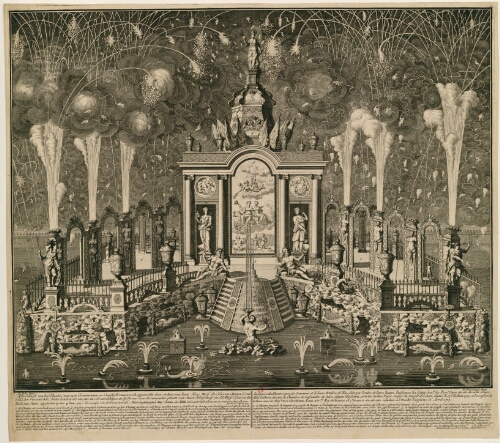 Afbeeldingh van het theater met zyn ornamenten en constigh vuurwerck, opgericht door ordere van haar Hoog Mog. de Heeren Staten  etc. etc. etc. in s' Gravenhage, [...] 14 Juny 1713 [...]