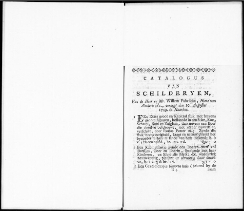 Catalogus van Schilderyen van de Heer en Mr. Willem Fabricius [...] : [vente du 19 août 1749]