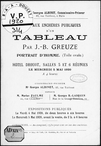 Vente aux enchères publiques d'un tableau par J.-B. Greuze, portrait d'homme [...] : [vente du 5 mai 1920]