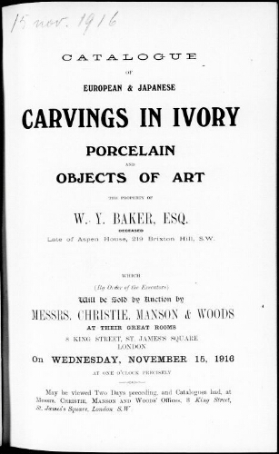 Catalogue of European and Japanese carvings in ivory […] : [vente du 15 novembre 1916]