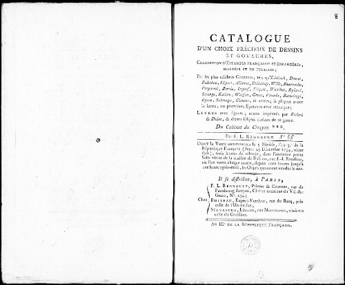 Catalogue d'un choix précieux de dessins et gouaches, collection d'estampes françaises et étrangères [...] : [vente du 25 décembre 1794]
