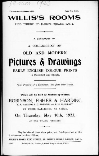 Catalogue of a collection of old and modern pictures and drawings [...] : [vente du 10 mai 1923]
