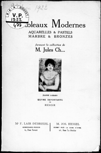 Tableaux modernes, aquarelles et pastels, marbre et bronzes, formant la collection de M. Jules Ch. : [vente du 22 juin 1922]
