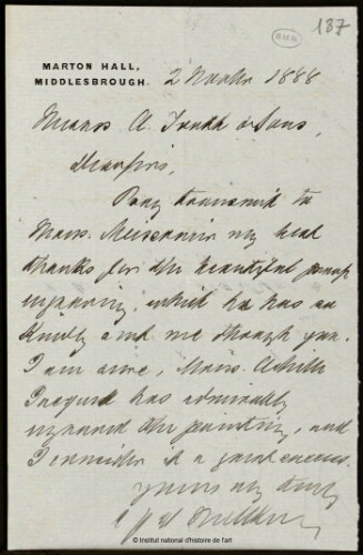 Lettre d'un Anglais à Jean-Louis-Ernest Meissonier, 2 mars 1888
