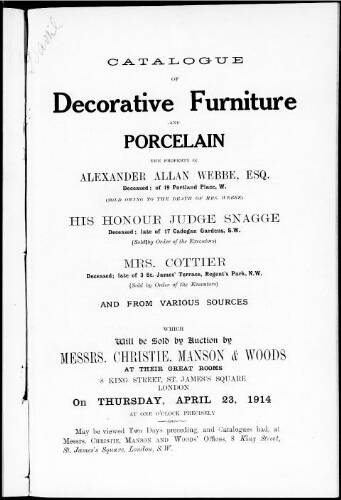 Catalogue of decorative furniture and porcelain [...] : [vente du 23 avril 1914]