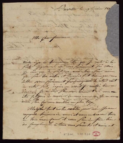 François-Honoré Métais. Lettre autographe signée écrite de Bruxelles adressée à sa femme, Marianne Métais