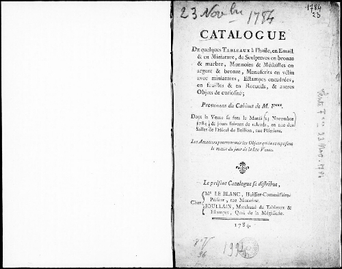 Catalogue de quelques tableaux à l’huile, en émail et en miniature, de sculptures en bronze et marbre [...] : [vente du 23 novembre 1784]