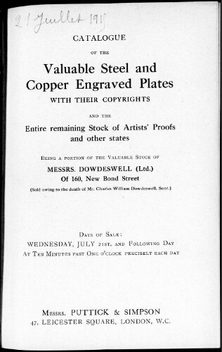 Catalogue of the valuable steel and copper engraved plates with their copyrights […] : [vente du 21 juillet 1915]