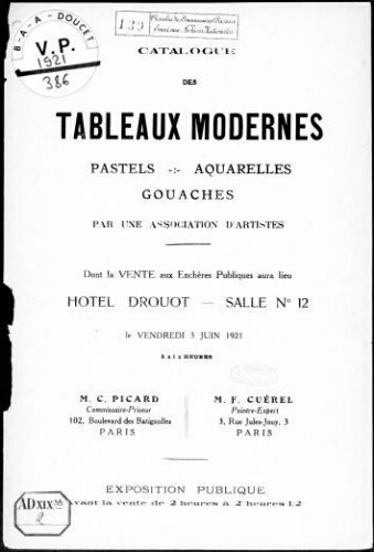 Catalogue des tableaux modernes, pastels, aquarelles, gouaches, par une association d'artistes : [vente du 3 juin 1921]