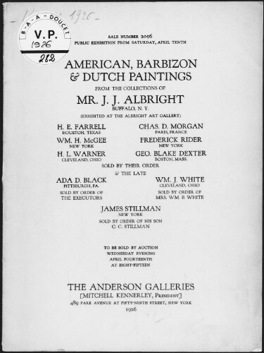 American, Barbizon and Dutch paintings from the collections of Mr. J. J. Albright [...] : [vente du 14 avril 1926]