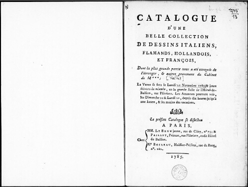 Catalogue d'une belle collection de dessins italiens, flamands, hollandais et français [...] : [vente du 21 novembre 1785]