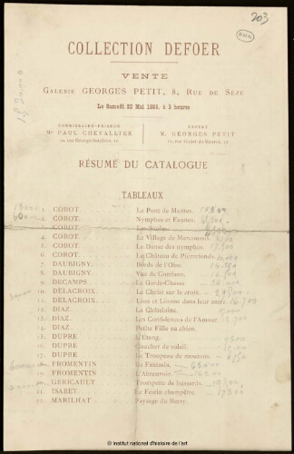 Résumé du catalogue de la vente de la collection Defoer, 22 mai 1886