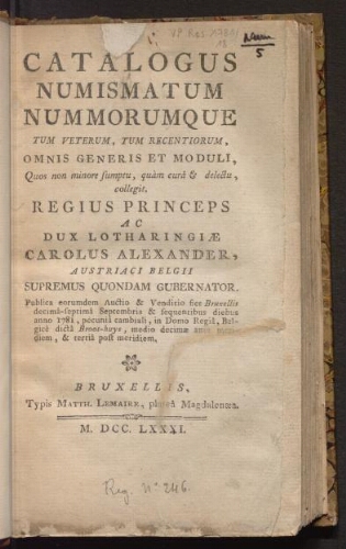 Catalogus numismatum nummorumque [...] : [vente du 17 septembre 1781]