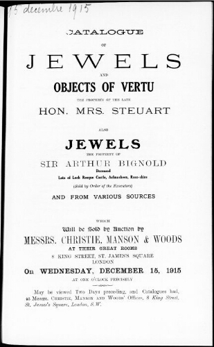 Catalogue of jewels and objects of vertu […] : [vente du 15 décembre 1915]