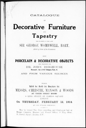 Catalogue of decorative furniture and tapestry [...] : [vente du 12 février 1914]