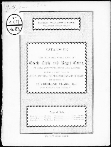 Catalogue of the valuable collection of Greek civic and regal coins in gold, electrum, silver and bronze [...] : [vente du 19 janvier 1914]
