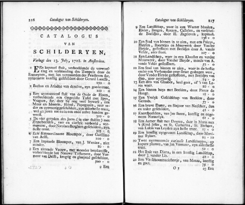 Catalogus van Schilderyen [...] : [vente du 13 juillet 1718]