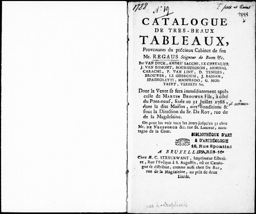 Catalogue de très-beaux tableaux, provenant du précieux cabinet de feu M. Regaus, seigneur de Boom [...] : [vente du 31 juillet 1788]