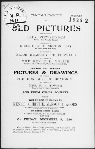 Catalogue of old pictures [...] ancient & modern [...] : [vente du 3 décembre 1926]