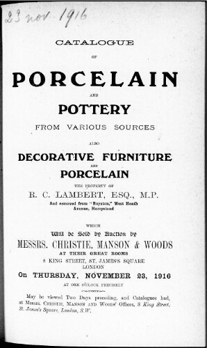 Catalogue of porcelain and pottery […] : [vente du 23 novembre 1916]