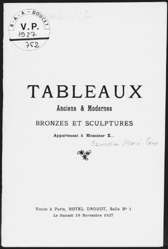 Tableaux anciens et modernes, bronzes et sculptures, appartenant à Monsieur X... : [vente du 19 novembre 1927]