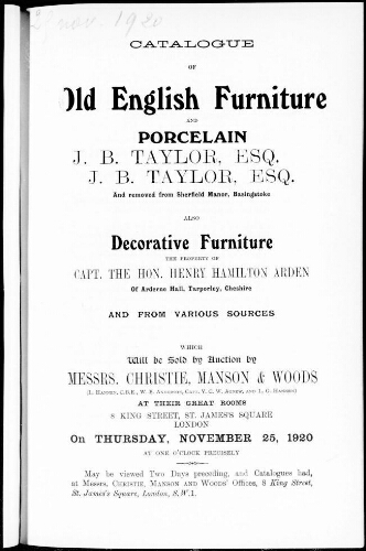 Catalogue of Old English Furniture and Porcelain [...] : [vente du 25 novembre 1920]