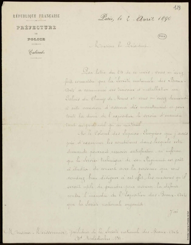 Lettre du Comité du Cabinet de la préfecture de police à Jean-Louis-Ernest Meissonier, 2 avril 1890