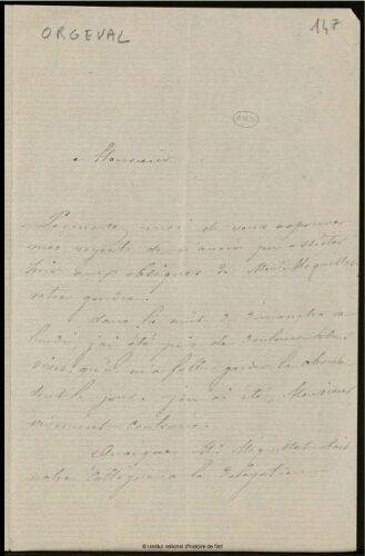 Lettre de condoléances adressée à Jean-Louis-Ernest Meissonier, 16 avril 1878