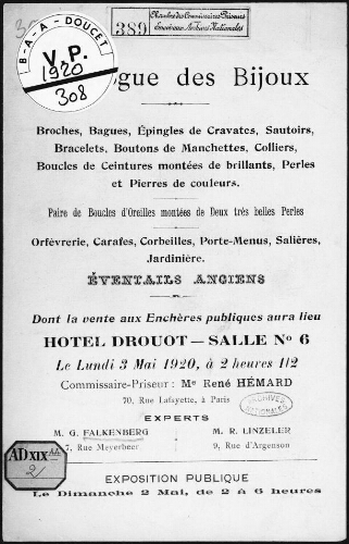 Catalogue des bijoux [...], orfèvrerie, carafes, corbeilles [...] : [vente du 3 mai 1920]