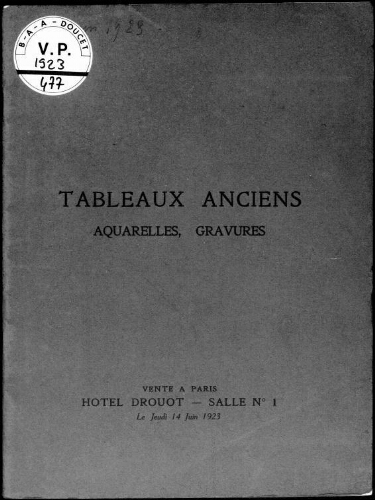 Tableaux anciens, aquarelles, gravures : [vente du 14 juin 1923]