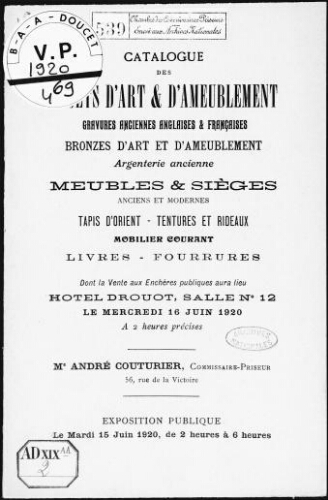 Catalogue des objets d'art et d'ameublement, gravures anciennes anglaises et françaises [...] : [vente du 16 juin 1920]